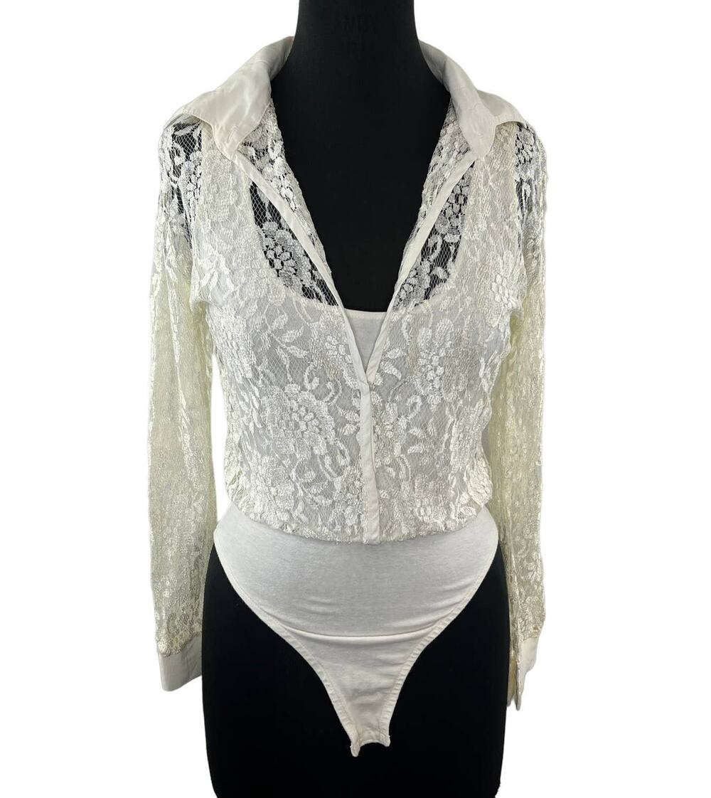 VINTAGE Anxiety Ivory Floral Lace Snap Up Long Sleeve Blouse Bodysuit Top VTG M